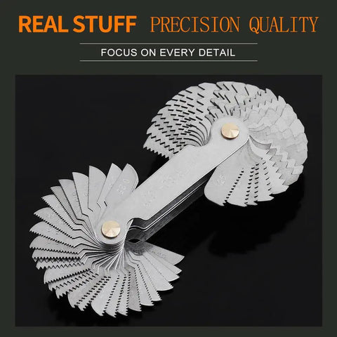 55 Degree And 60 Degree Screw Pitch Gauge With Locking Mechanism For Metric Imperial And US Threads Pro Grade Industrial Measurement Tool For Quick Size Checks Includes Multiple Pitch Sizes, showing multiple gauge blades fanned out.