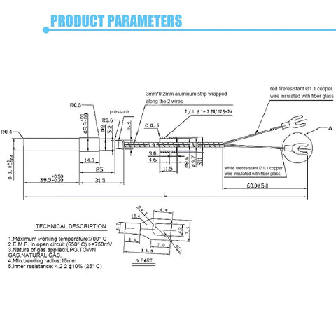 Thermopile technical drawing for gas fireplace, 36-inch, 750mV, with insulated copper wire and fiber glass