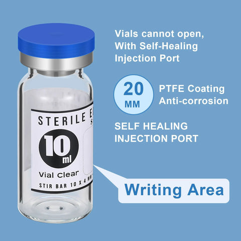 Sterile 10 ml clear glass vial with blue cap; label reads Vial Clear, background shows self-healing injection port.