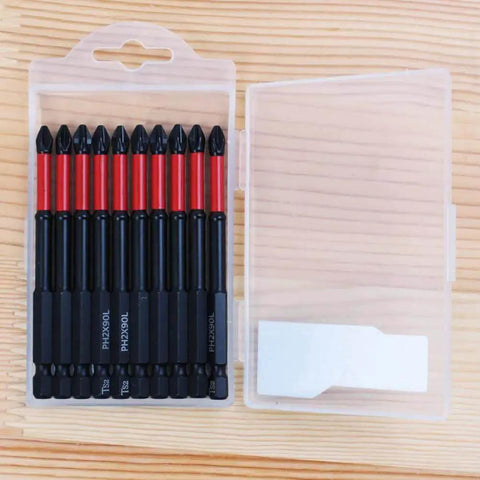 Magnetic Anti Slip Phillips PH2 Screwdriver Bit Set With Ten Pack Three And A Half Inch TS2 Long Impact Driver Bits For Easy Screw Locking And Removal Induction Hardened Rust Resistant Durable AUTOTOOLHOME in a transparent case on a wooden surface.