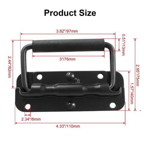 Spring Loaded Chest Handle Set Two Piece Black Stainless Steel Surface Mount Folding Handle with Rubber Grip, 97mm Long