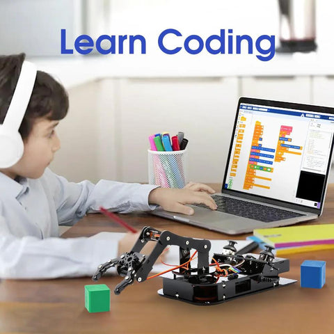 ACEBOTT 4 DOF ESP32 robotic arm kit on a desk with laptop; black frame, visible wiring, green and blue blocks.