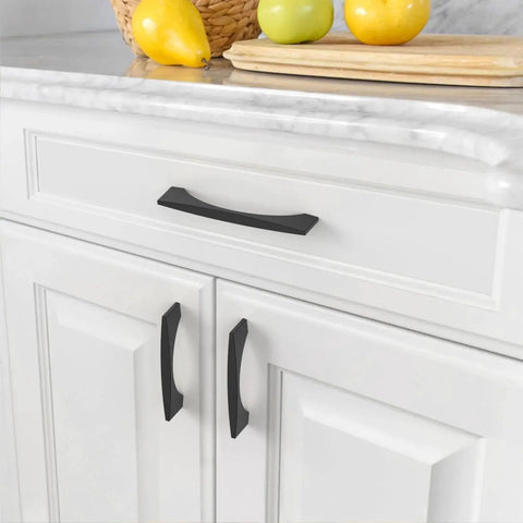 Matte Black Cabinet Pulls 5 Inch Center To Center 128MM 10 Pack Durable Cupboard Handles installed on white kitchen cabinets