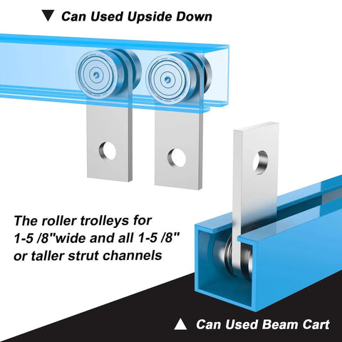 Two Wheel Trolley Assembly Rollers for One and Five Eighths Inch Wide Strut Channel, silver, upside down and beam cart use diagram