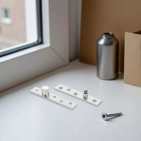 2 Pack Stainless Steel Hidden Door Hinges With 360 Degree Pivot And Hush Quiet Operation displayed on window sill