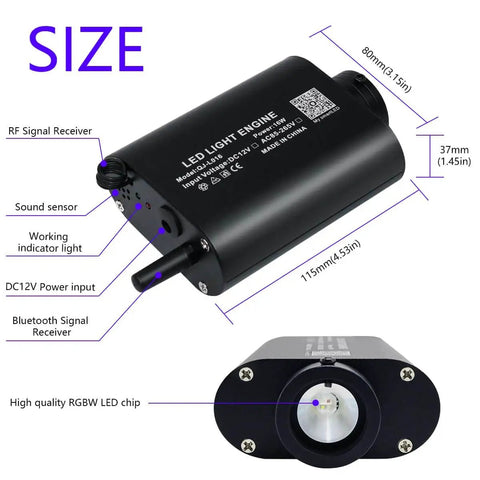 LED light engine for Fiber Optic Star Light Kit With 150 Strands 0.75mm, Bluetooth control, showing size and components