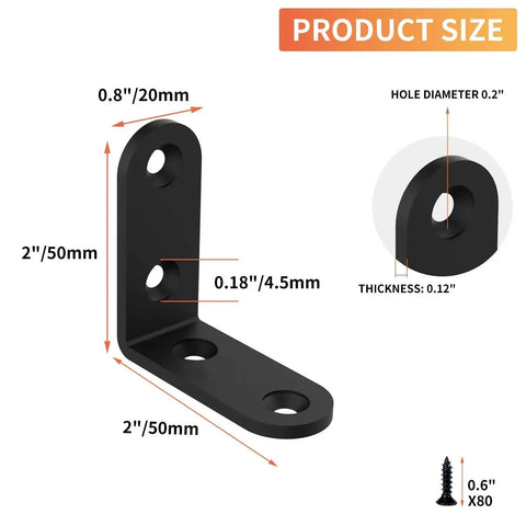 Heavy Duty 2x2 Inch L Corner Brackets 20 Pack Black Right Angle Shelf Supports dimensions diagram with screws