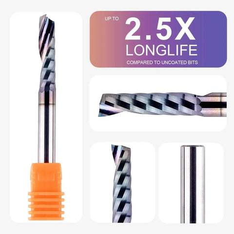 O Flute CNC Router Bit With One Quarter Inch Shank And One Inch Cutting Length For Acrylic Aluminum And Wood Cutting, Extra Long Life Coating For Durability, Single Flute End Mill, Two And One Half Inch Overall Length SpeTool showing shank, spiral flute, and coating