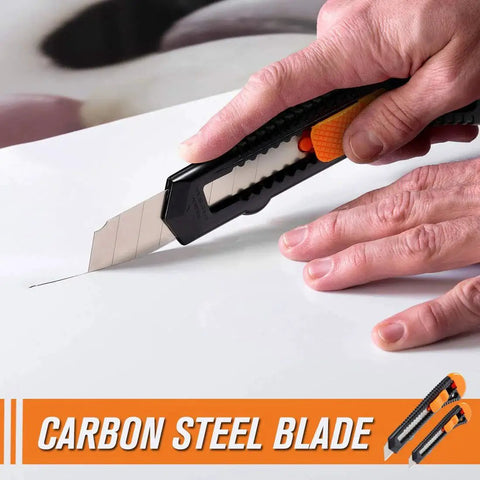 Hands using 12 Pack Retractable Utility Knife With 18mm Wide Blade For Cardboard Boxes on white surface
