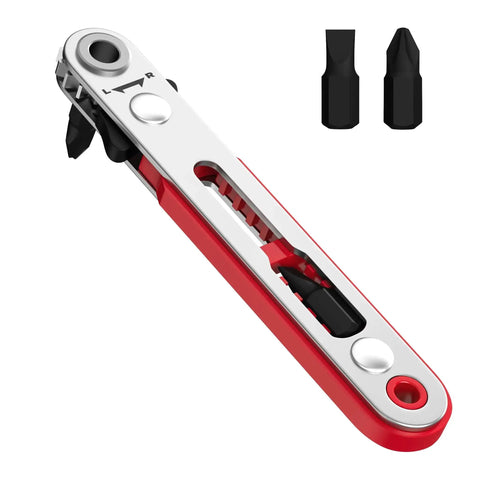 Must Have Compact Magnetic One Quarter Inch Mini Ratchet Wrench With 90 Degree Right Angle Screwdriver and bits, side view