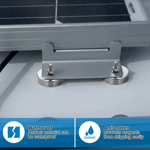 Installed view of two silver neodymium round mounting magnets with M6 studs securing a metal bracket under a panel
