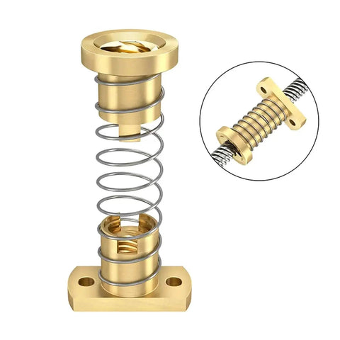 Front view of brass T8 anti-backlash spring-loaded nut with coil spring and mounting flange for Z-axis 8mm Acme rod