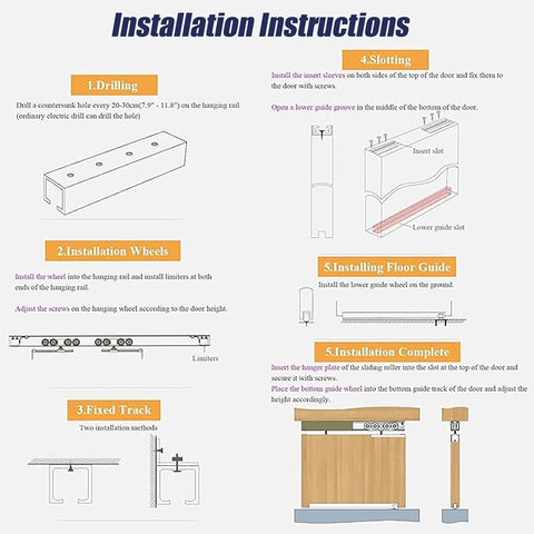 Smooth Sliding Closet Door Track Hardware Kit For 2 Bypass Doors 18-24mm Thick Wood, Champagne Floorless Barn Door Rails, installation instructions