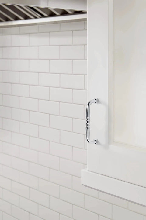 3 Inch Center To Center Polished Chrome Everyday Heritage Cabinet Pull installed on white kitchen cabinet