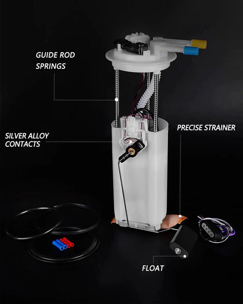 Electric Fuel Pump Assembly E3518M Replacement For Buick Park Avenue LeSabre Cadillac DeVille Seville Oldsmobile Aurora Pontiac Bonneville 3.8L V6 4.6L V8 3.5L V6 Fits 1998-2005 Models Direct Fit No Fuss Install, showing parts like guide rod springs and strainer.