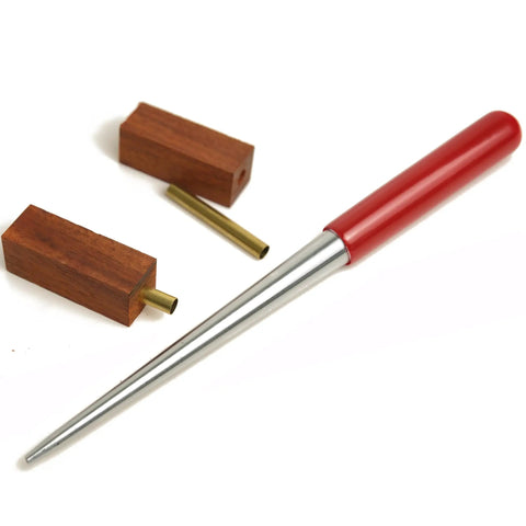 Pen Mandrel Saver Universal Barrel Trimming System Pen Tube Insertion Tool Kit For Pen Makers Includes 7mm Drill Bit Mandrel And Live Mandrel Saver For Precision Pen Turning with wooden blocks and metal tube.