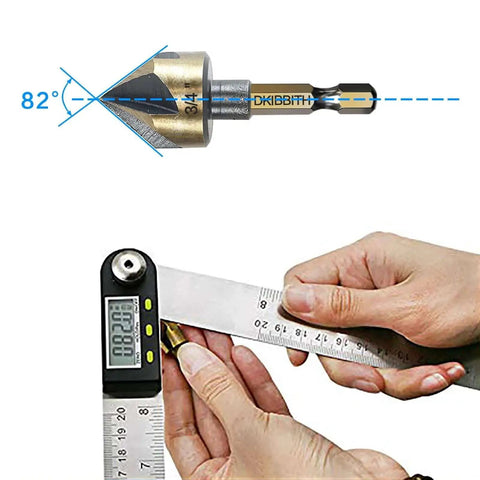 Close-up of 82° countersink drill bit with hex shank in use, part of Countersink Drill Bit Set Five Piece Pro Grade With Hex Shank.
