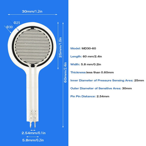 Force sensitive resistor MD30-60, 30mm diameter thin-film pressure sensor, 0-30 kg, two 2.54mm pins, Amazon electronics