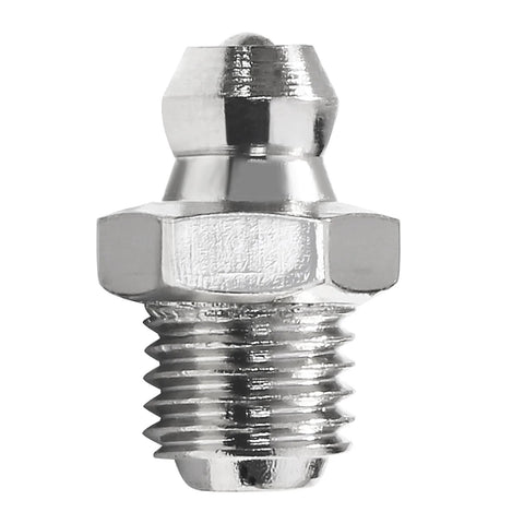 Chrome-plated M8 male-thread grease fitting (Zerk) with hex body, close-up.