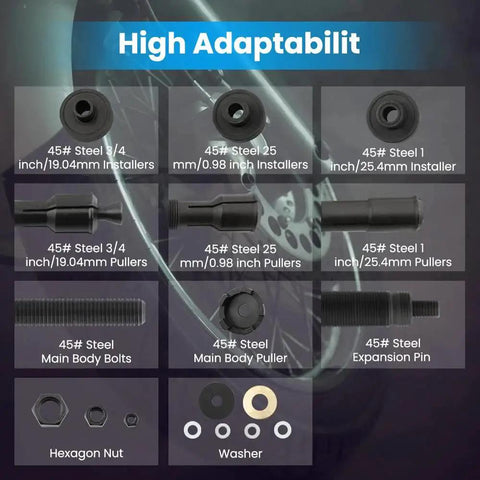 Components of Wheel Bearing Removal And Installation Tool Kit VT102 For Harley Davidson 2000 And Up, including steel pullers and bolts.