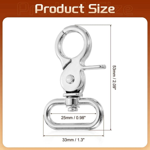 Front view of Six Pack 25mm Swivel Snap Hooks Heavy Duty Zinc Alloy Clasps for Straps Bags showing dimensions.