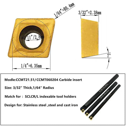 Carbide Turning Inserts Set For Lathe Multi Layer Coated CCMT DCMT 21.51 060204 21.51 070204 3 By 32Nd Inch Thick 1 By 64Th Inch Radius Single Sided For Stainless Steel Cast Iron And Non Ferrous Materials On Lathe Holders And Boring Bars 20 Pieces image showing insert dimensions and match for tool holders.