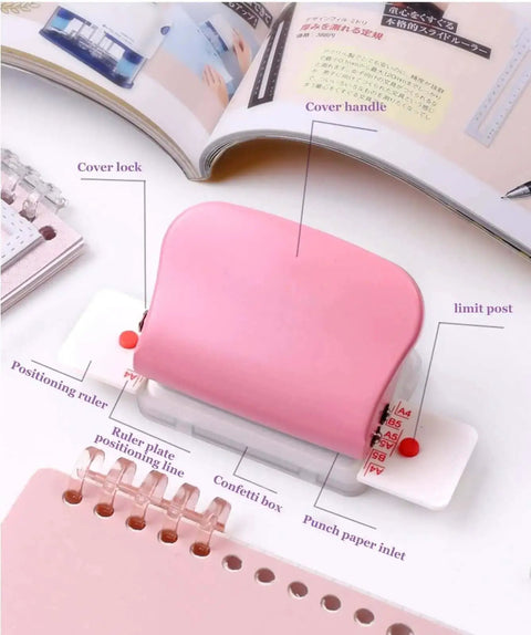 Pink six hole puncher for A4 A5 B5 loose leaf notebooks, 6mm holes with 9.5mm spacing, portable handheld metal circle paper punch