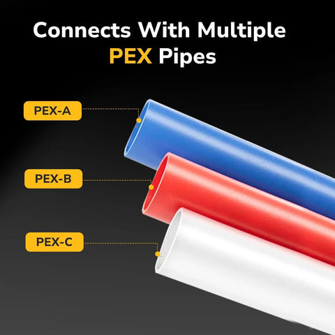 10 Pack PEX Three Quarter Inch Brass 90 Degree Crimp Elbows NSF UPC Certified shown with red, blue, and white PEX pipes
