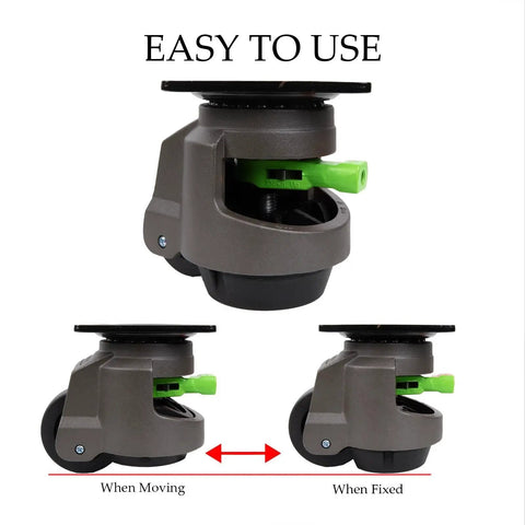 4 Pack Leveling Casters Heavy Duty With Upgraded Ratchet 360 Degree Swivel With Feet Height Adjustable Total Capacity 2200 Lbs Ideal For Workbenches And Machinery Easy Height Adjustment By Shaking Handle For Quick Leveling On Any Surface showing caster in moving and fixed positions.