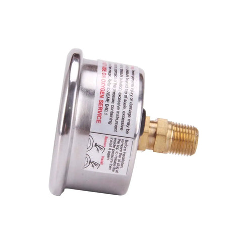 Side view of 1.5 Inch Dial Liquid Filled Fuel Pressure Gauge With 304 Stainless Steel Case And Center Back Mount, 0 To 60 PSI, One Eighth Inch NPT.