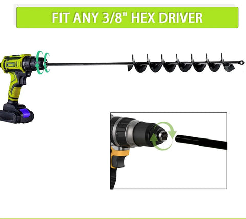 32 Inch Long Handle Garden Auger Drill Bit For Planting Workhorse With Three Eighth Inch Hex Drive shown with electric drill