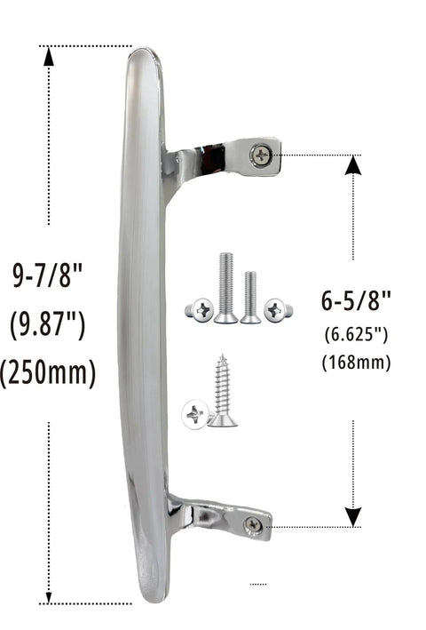 Side view of Sliding Patio Door Pull Handle in Chrome Silver Diecast Zinc Alloy Heavy Duty Construction, Fits 6-5/8 Inch Hole Spacing