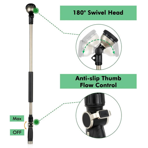 36 Inch Aluminum Watering Wand With 180 Degree Swivel Head And 10 Spray Patterns, Heavy Duty Hose Nozzle Sprayer With Thumb Flow Control