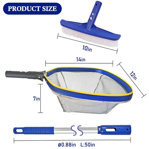 All In One Pro Grade Pool Cleaning Kit With 10 Inch Nylon Brush And 50 Inch Telescopic Aluminum Pole With Ultra Fine Mesh Skimmer Net
