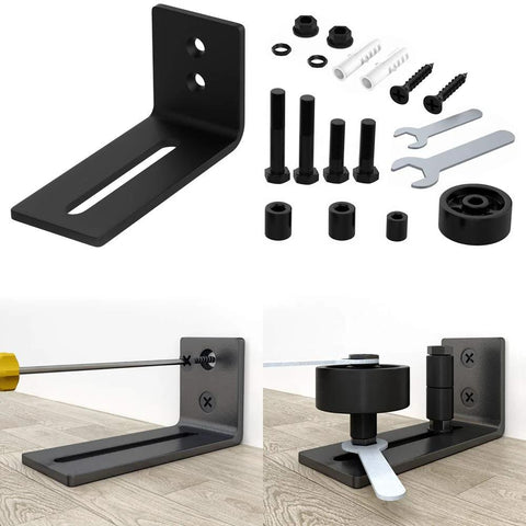 Flush Floor Sliding Barn Door Roller Guide Set With Wall Mounted Hardware, Adjustable Stay Rollers in black, installation view.
