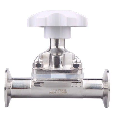 DERNORD sanitary diaphragm valve with silicone seal, 316L stainless steel body, 1.5 in tri-clamp ends, 1 in tube OD