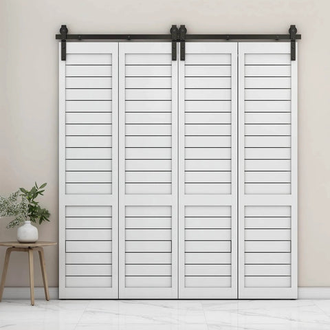 Beefed Up Heavy Duty Bi Folding Barn Door Sliding Track Kit For Four Doors 6 Foot 72 Inch Rails Frosted Black Finish Carbon Steel Hardware