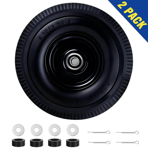 Solid Tire Set For Hand Trucks And Wheelbarrows With Ten Inch Flat Free Tires Size Four Point One Zero By Three Point Five Zero Four Five Eighths Inch Axle Bore Two Point Two Inch Hub Offset Includes Adapter Kit Two Pack, showing one flat-free tire and included adapter components.