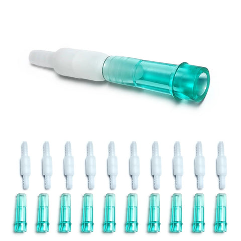 Oxygen tubing swivel connectors, 10-pack; white adapters with teal ends, standard size, 360-degree rotation.