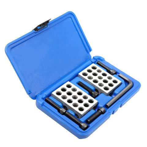 Ultra Precision 1 2 3 Blocks Set With Screw Matched Pair And 23 Holes Hardened Steel 1x2x3 Inch Setup Blocks in blue plastic case
