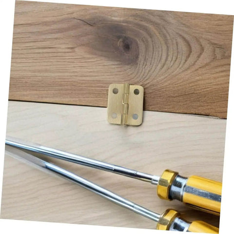 40 Piece Iron Miniature Hinges With Screws For Jewelry Box And Wooden Chest, two screwdrivers next to small gold hinge