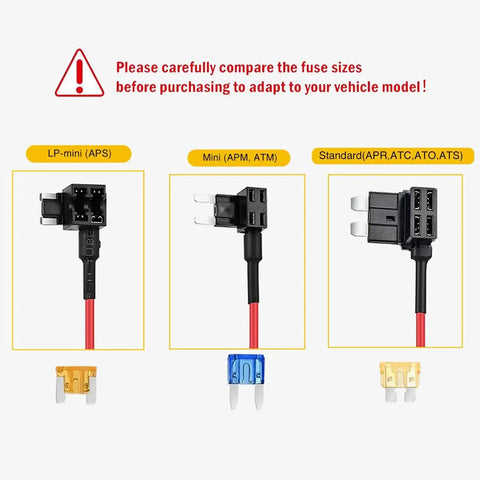 Comparison of fuse sizes with 12V Blade Fuse Tap Adapter for Car Cigarette Lighter Socket With 3.3ft Cable and Fuse Holder 18AWG Wire Converts One Fuse Slot Into Two Standard ATC ATO APR ATS Perfect For Power Hungry Gadgets.