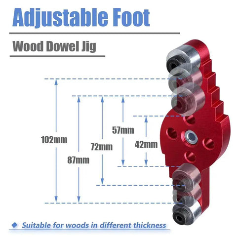 Premium Aluminum Pocket Hole Jig For Woodworking, 2 In One Doweling Locator with adjustable foot, red anodized aluminum close-up.