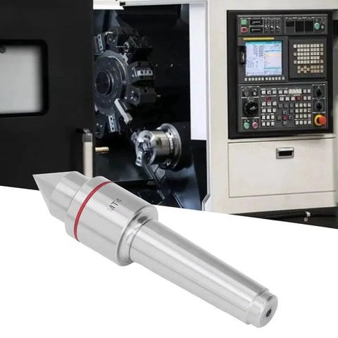 Heavy Duty Live Center For Lathe MT4 Morse Taper Revolving With Triple Ball Bearing Extended Spindle shown near CNC machine