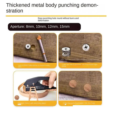 Thickened metal body punch demonstration with 8mm, 10mm, 12mm, 15mm apertures showing tool usage on wood and sample punched holes.