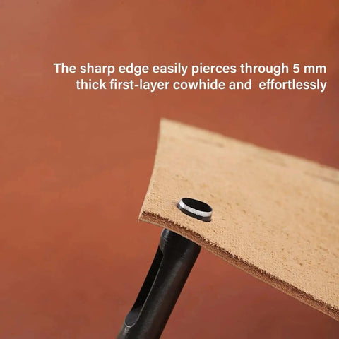 Oval Leather Hole Punch Tool piercing leather, showcasing 2x3mm hole; ideal for belts and watch straps, heavy-duty pro-grade cutter.