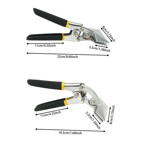Two In One Metal Bending Pliers Set with Straight and Curved Jaw for stainless steel, dimensions shown in inches for each tool.