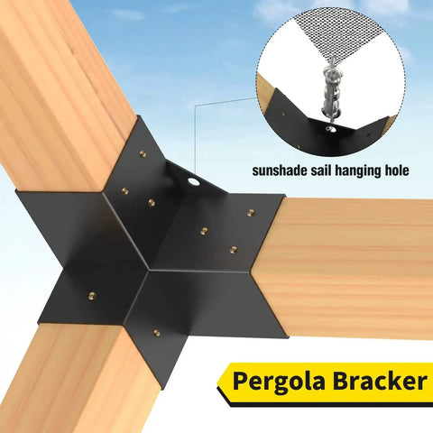 3 Way Right Angle Pergola Brackets For 4x4 Lumber DIY Kit With Screws shown on wood post, features sunshade sail hanging hole