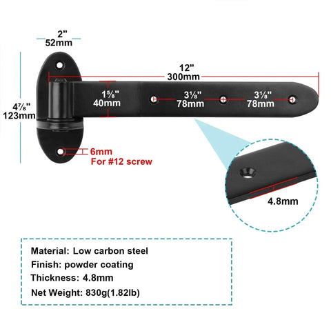 Heavy Duty 12 Inch Black T Strap Gate Hinges 4 Pack Lift Off For Barn Doors Shed Fence Three Sixteenths Inch Thick Leaf illustration