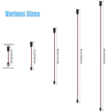 Various sizes of 30 Piece Male To Female 3 Pin Servo Extension Cable Set With 22 AWG Copper Wires, five lengths displayed